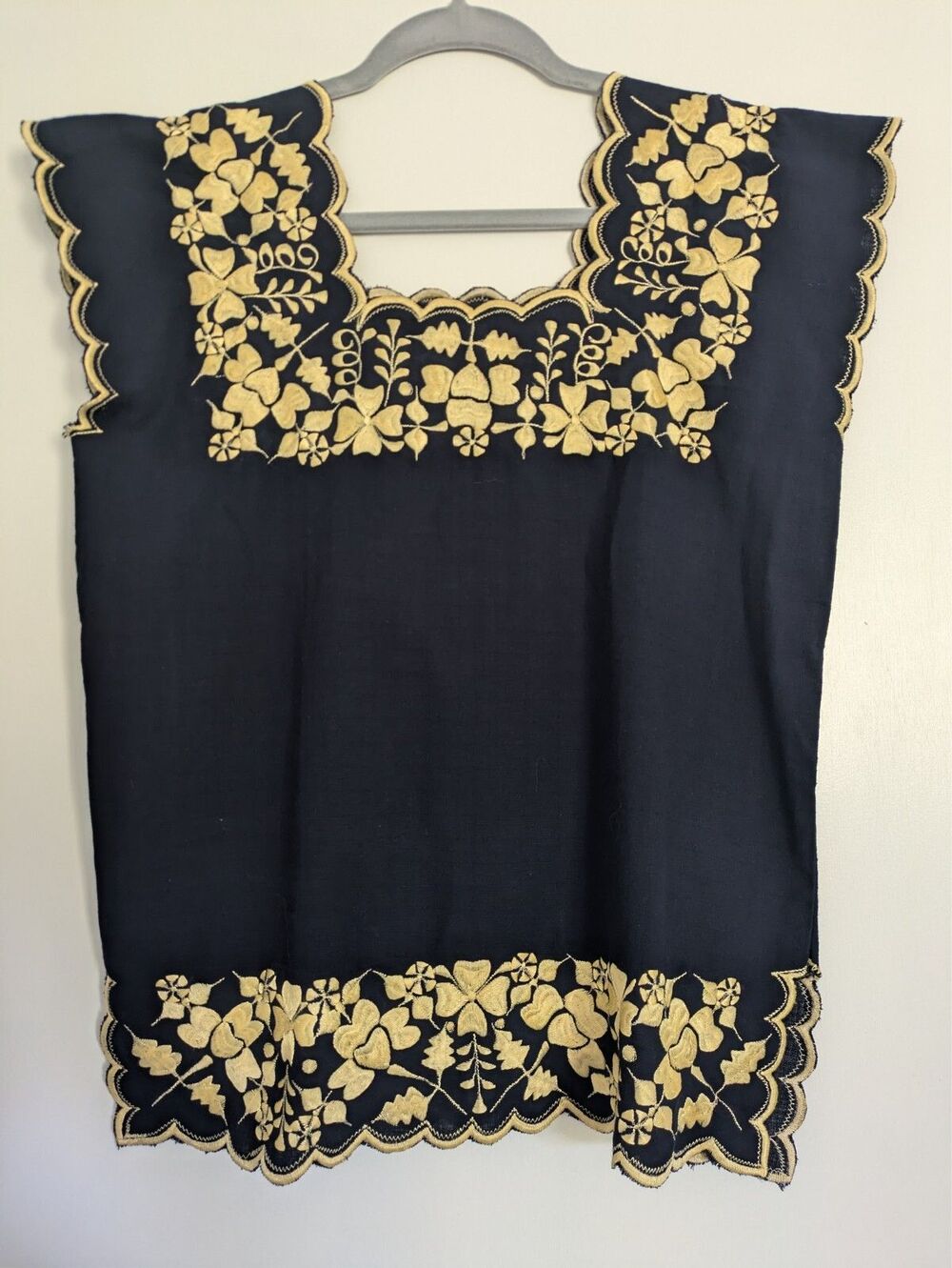Anthropologie Mexican Embroidered Top 34 Womens Small Blue Gold Floral Blouse